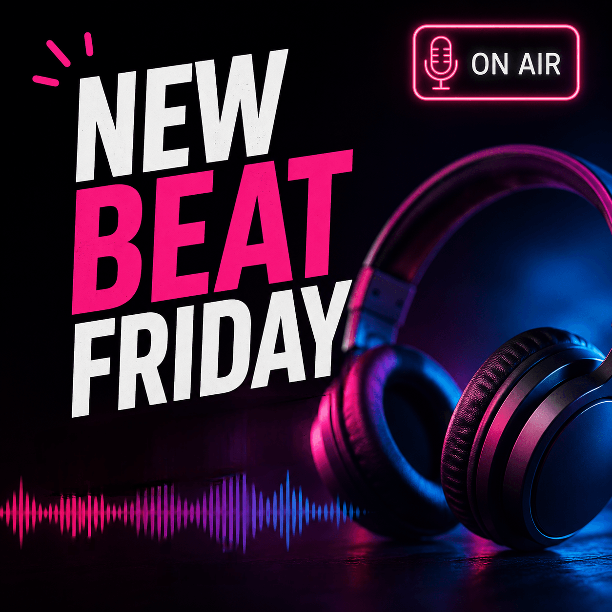 New Beat Friday logo, mustad kõrvaklapid paremal
